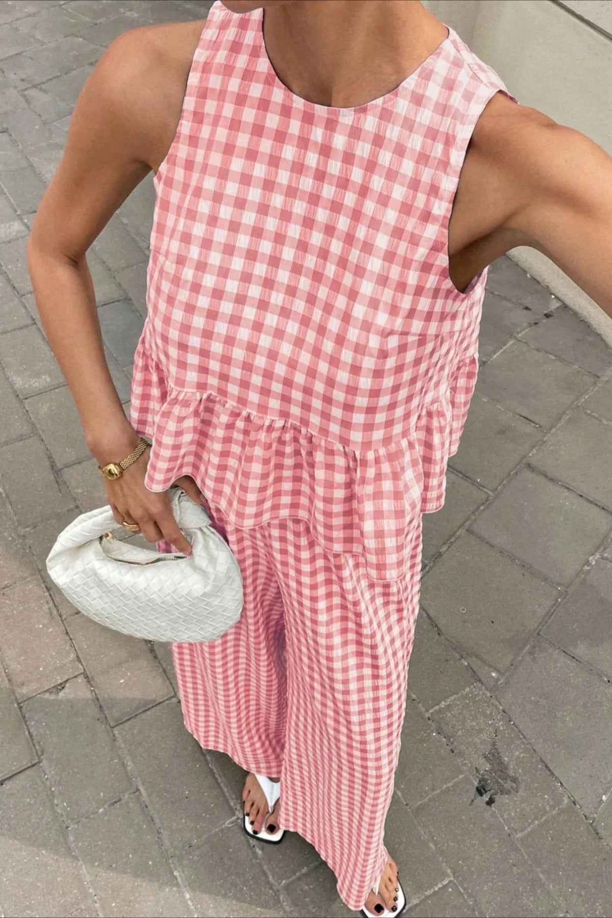 Plaid Ruffle Hem Round Neck Sleeveless Pants Set