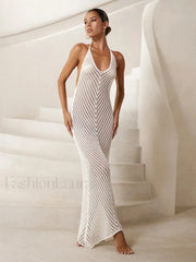 White Knitted See-through V Neck Backless Cover-ups