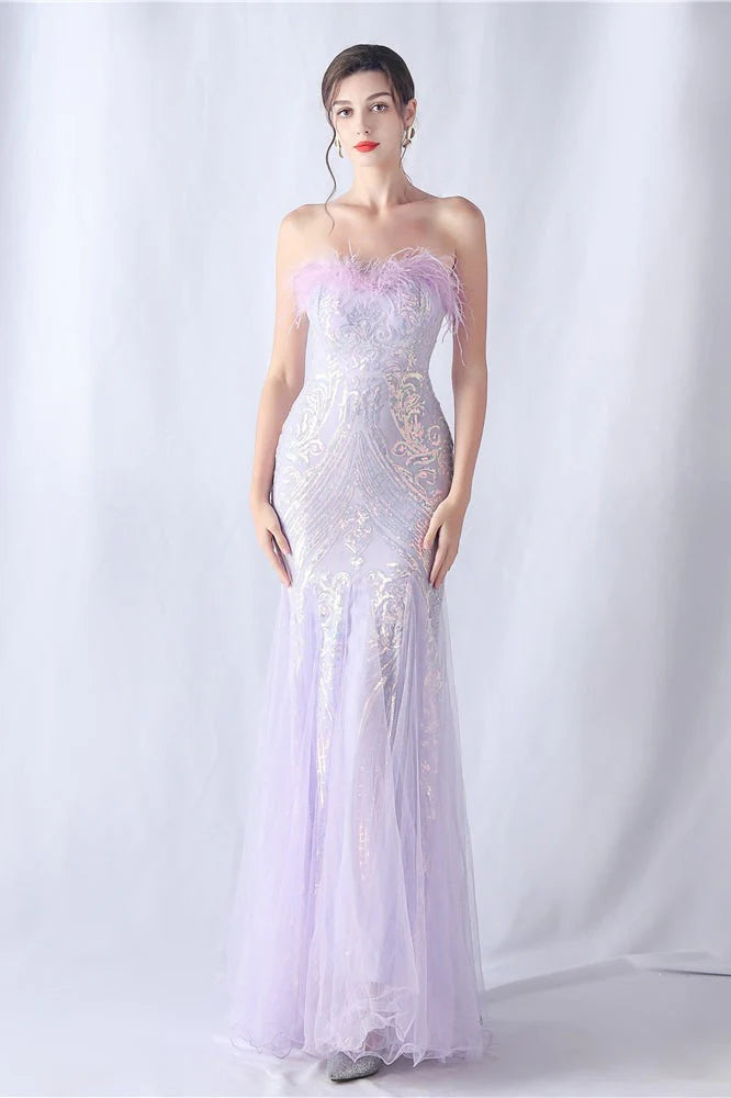 Ostrich Feather Sequin Evening Party Dress