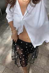 Sheer lka Dot High Waist A Line Midi Skirt