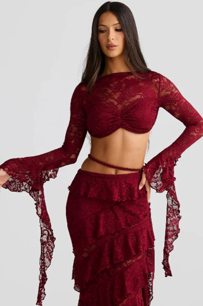 Lace Trim Layered Ribbon Tie Skirt Set