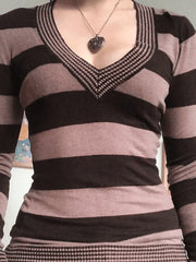 V Neck Striped Knit Top