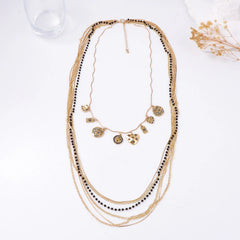 Layered Bead Chain Geometric Charm Statement Necklace