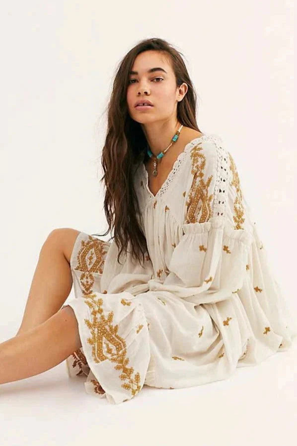 Floral Long Sleeve Midi Boho Dress