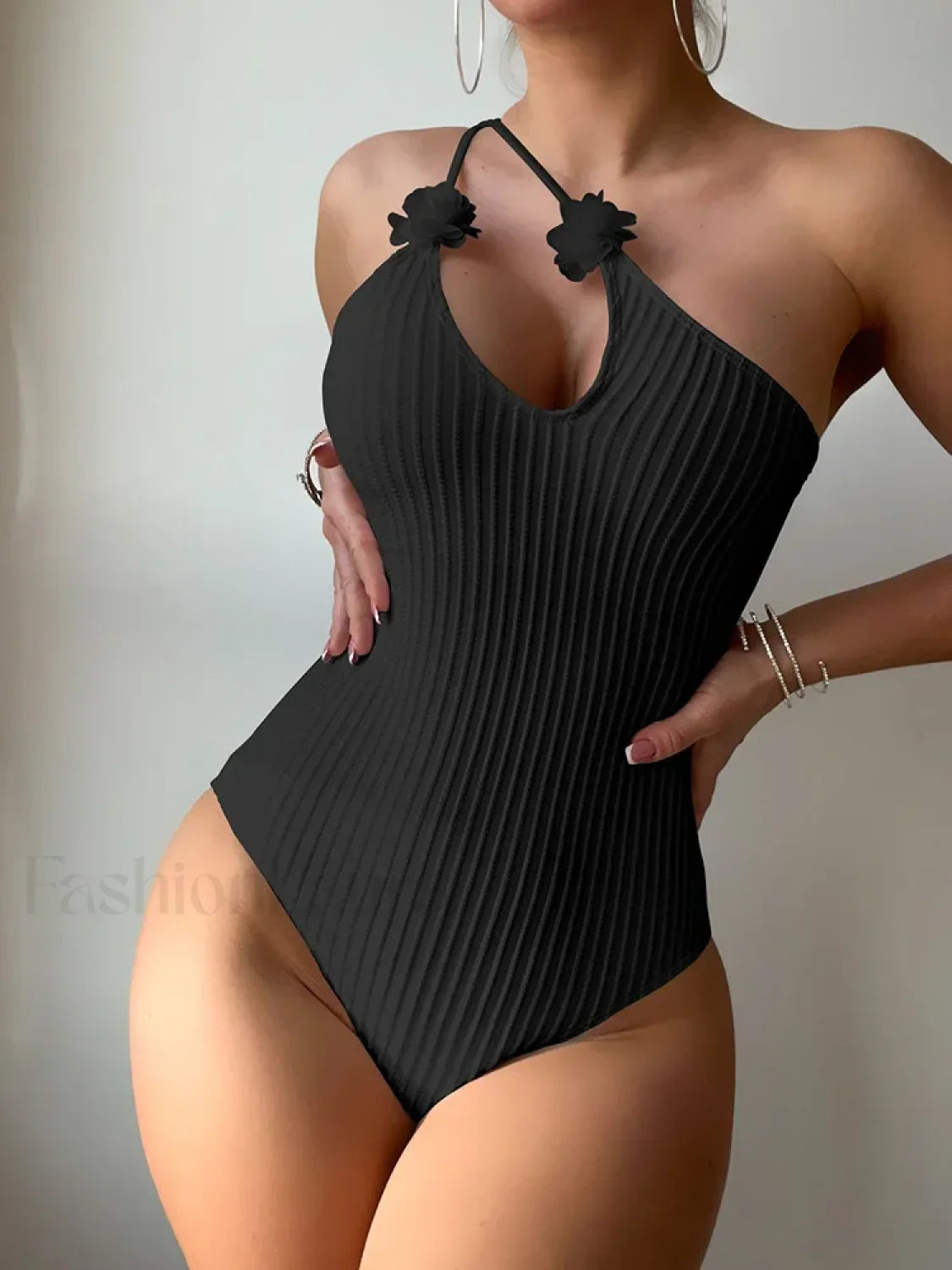 3D Floral Single Shoulder Backless One Piece