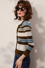 Striped Knit Turn-down Collar Cardigan