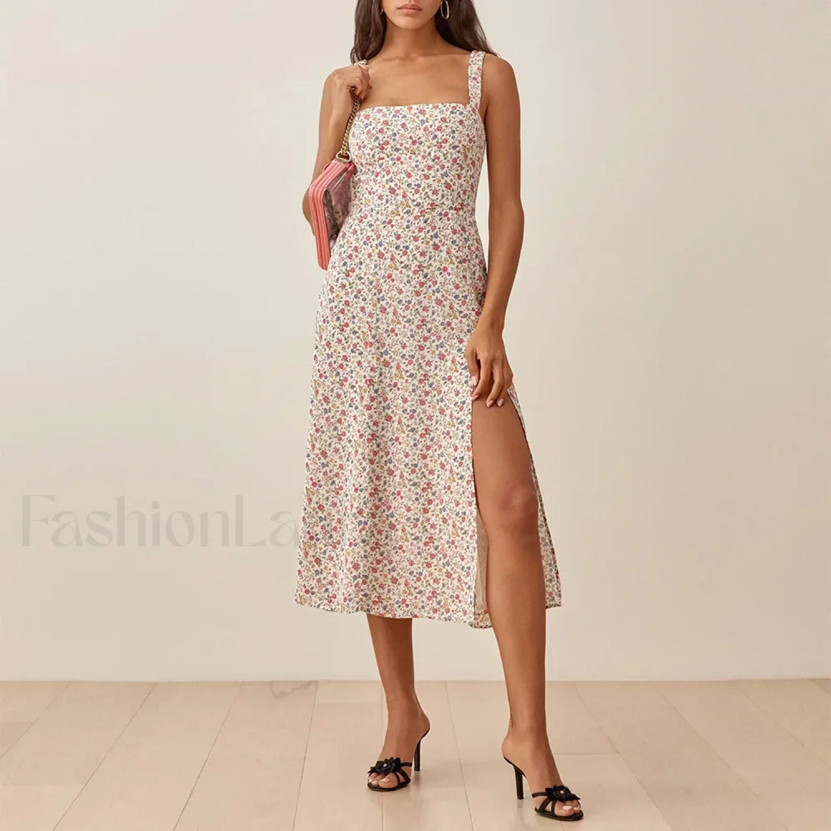 Ruched High-Slit Floral Midi Dress