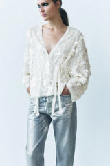 Tie Front Sequin Long Sleeve Blouse
