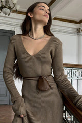 V-Neck Long Sleeve Knit Sweater Dress