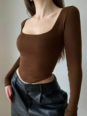 Square Collar Long Sleeve Solid Green Crop Top