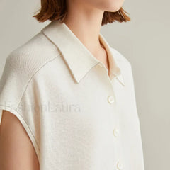 Linen Silk Polo Knitted Cardigan T-Shirt