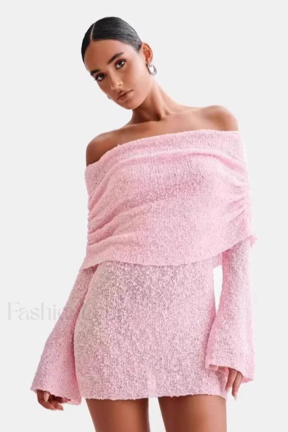 Sheer Long Sleeve Off-Shoulder Knit Work Dress