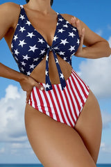US Flag Cutout Tie Cross One Piece Swimwear