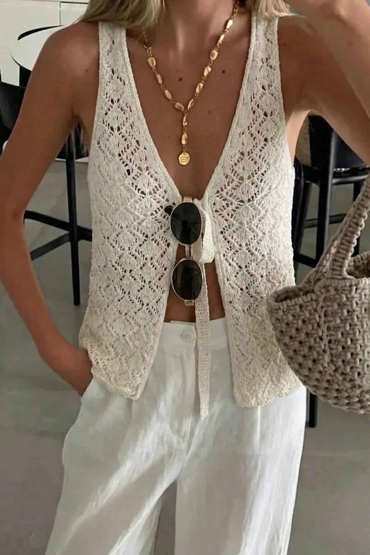Cutout Knit V Neck Tie Front Casual Tank Top
