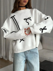 Elegant Bows Printed Round Neck Knitted Pullover Women Casual Long Sleeve Cropped Sweater