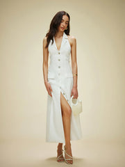 Cotton & Linen Pocket-Detail Halter Neck Tie-Back Dress