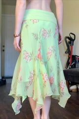 Floral Ruffle Asymmetric Sheer Mesh Vacation Maxi Skirt