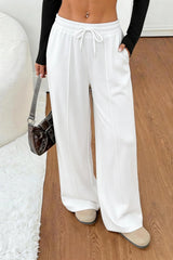 White Drawstring Wide Leg Relaxed Pants