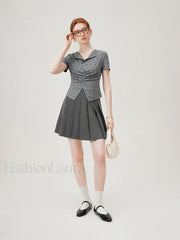 Bowknot Lapel Tight Knit Casual T-Shirt