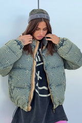 Vintage Washed Cross Embroidery Puffer Jacket