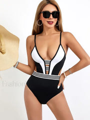 Spliced White Black Hollow Out One Piece