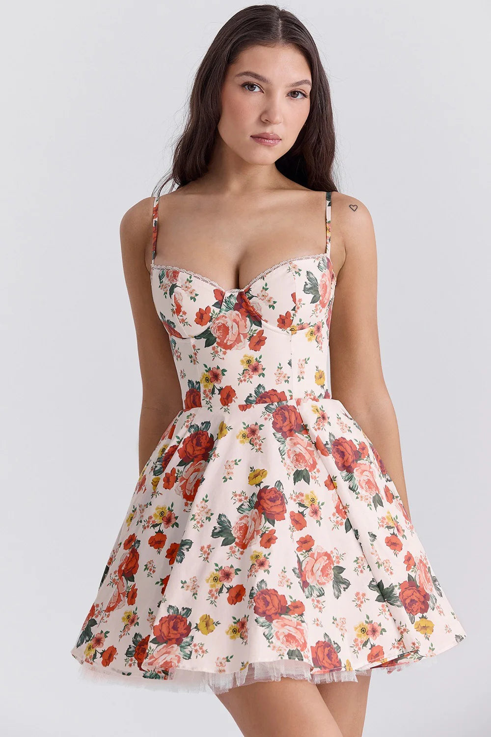 Satin Strap Tulle Puff Lace Trim Mini Floral Dress