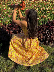 Yellow Lace-Up Pocket Floral Dress