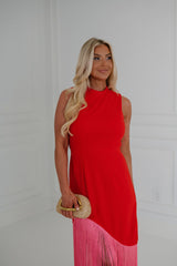 Gigi Fringe Maxi Dress-Red/Pink