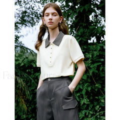 Contrast Polo Collar Pearl Pullover T-Shirt