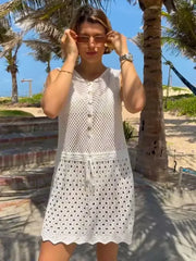 Solid Knitted Cut Out V-neck Button Up Cover Up