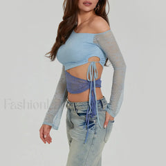 Fashion Sexy Lace Long Sleeve Oblique Neck T-Shirt