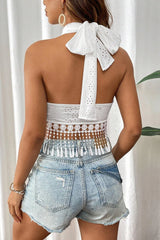 White Lace Strapless Fringe Halter Top