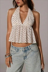 Polka Dot Deep V Ruffle Tie Neck Halter Top