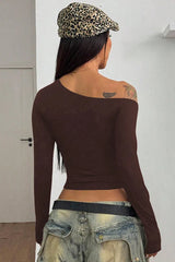 Off Shoulder Asymmetrical Neck Long Sleeve Tee