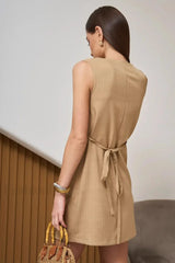 Buttoned Tie Sleeveless Round Neck Work Dress