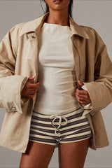 Striped Low Rise Tie Waist Slim Fit Casual Shorts