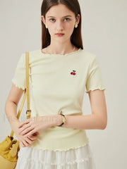 Cherry Embroidered Ruffled Knit T-Shirt