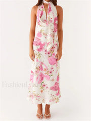 Scarf Halter Floral Maxi Dress