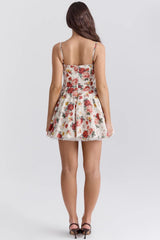 Satin Strap Tulle Puff Lace Trim Mini Floral Dress