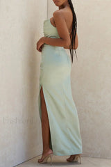 Satin Tube Top Halter Split Knee-Length Sexy Evening Maxi Dress