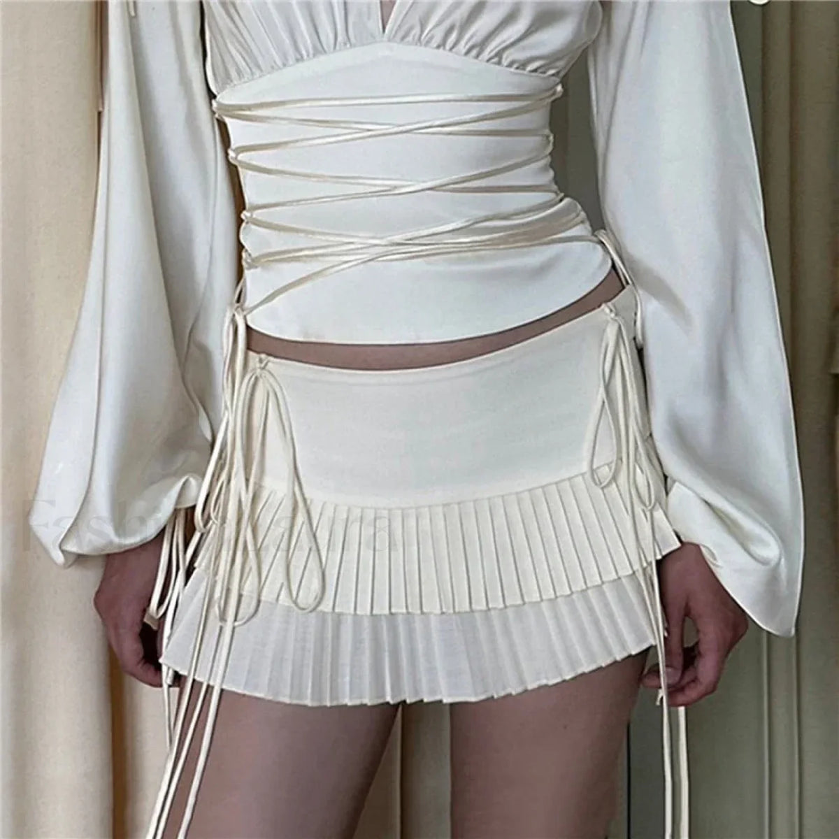 Tie-Up Pleated White Mini Skirt