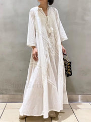Linen Lace-Up White Boho Dress