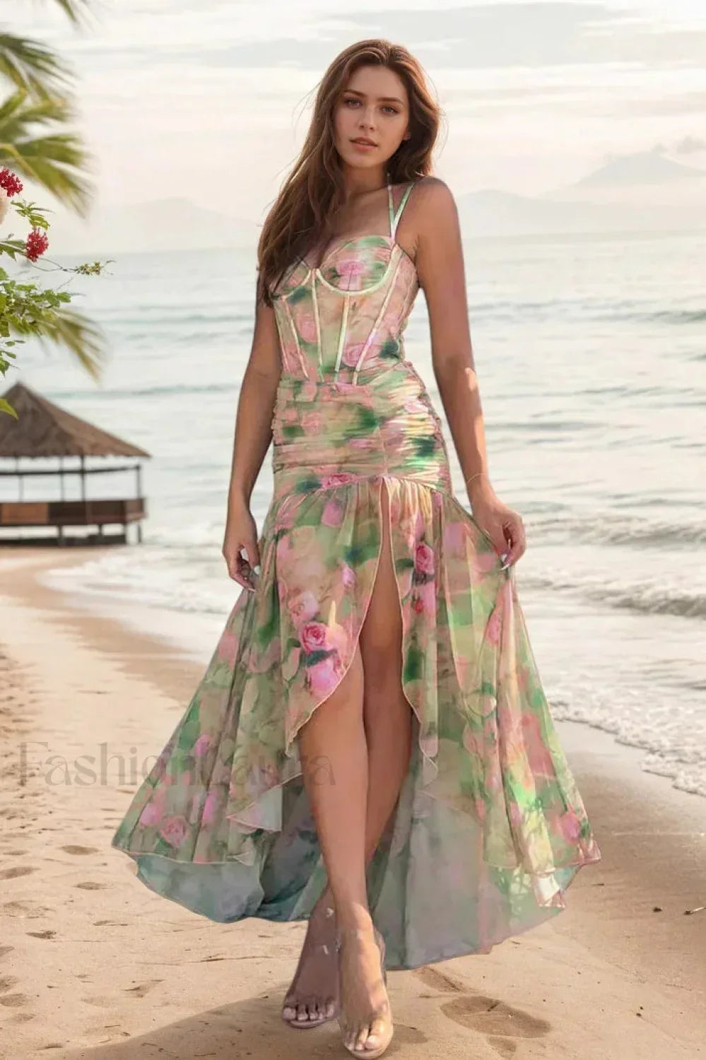 Floral Print Strappy Irregular Split Spice Girl Waist-Cinched Maxi Dress