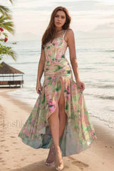 Floral Print Strappy Irregular Split Spice Girl Waist-Cinched Maxi Dress
