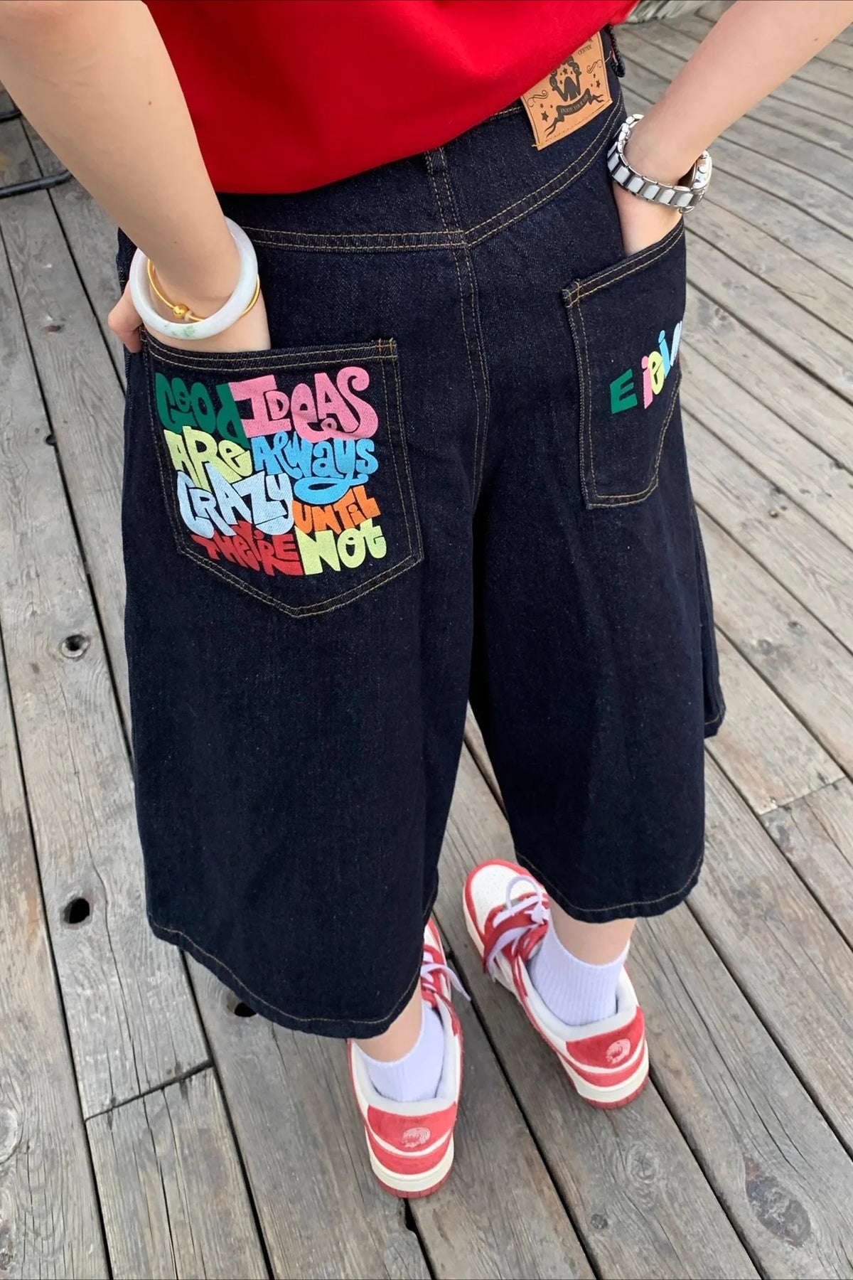 Color Letter Print Loose Fit Denim Shorts