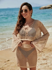 Knit Cover-up Bell Sleeve Loose Top Skirt Set Cover Up