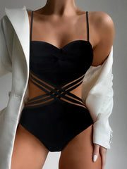 Black Mesh Cross Strap Push One Piece