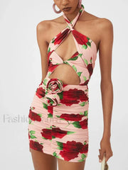 Cut-Out Ruched Rose Floral Dress