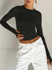 Fashion Women Long Sleeve Crew Neck Crop Top