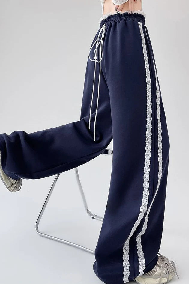 Lace Panel Athletic Wide Leg High Waist Pants